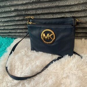 Michael Kors Dark Blue Crossbody Bag with Gold Logo